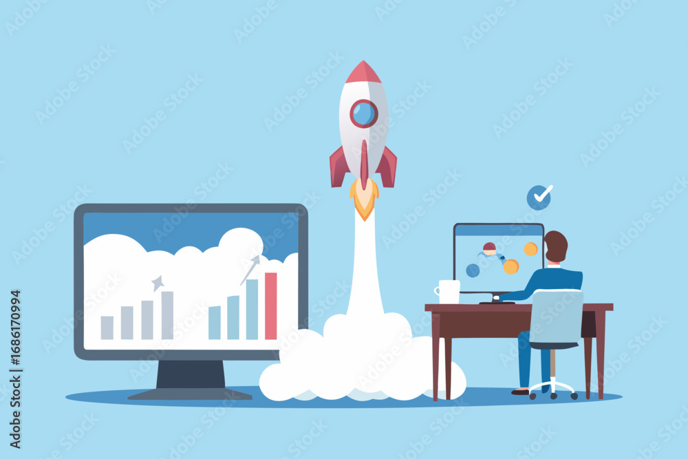 Obraz premium Business growth and success symbolized by a rocket launching next to a computer displaying a positive financial chart