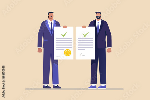 Two businessmen in suits holding up approved documents with checks and seals symbolizing agreement and success