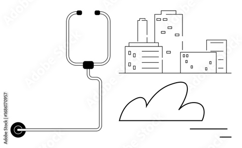 Stethoscope connected to a wheel beside city buildings and a cloud. Ideal for healthcare, technology, urban lifestyle, innovation, mobility, medical services, simple landing page
