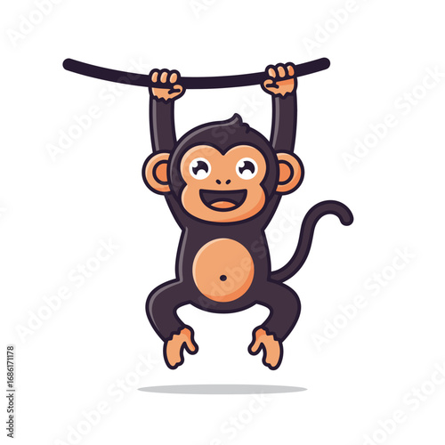 A cheerful cartoon monkey hanging from a branch, showcasing a playful design.