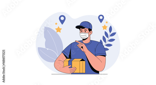Delivery person wearing face mask holding package with location pins and stars indicating service excellence and customer satisfaction