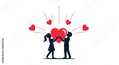 A couple shares their love holding a giant red heart with smaller hearts flying around them symbolizing romance and affection