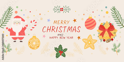 Charming merry christmas and happy new year greeting card with santa claus and festive ornaments