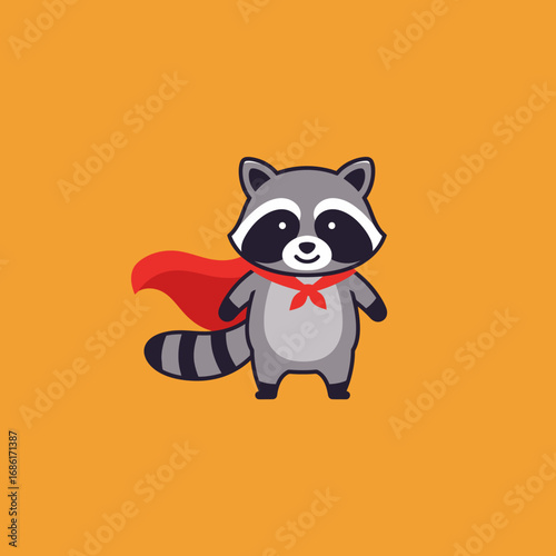 A cute cartoon raccoon wearing a red cape, depicting a superhero theme.