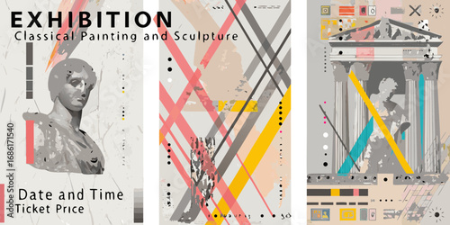 Abstract art exhibition poster featuring classical sculpture and architectural elements with geometric patterns and text