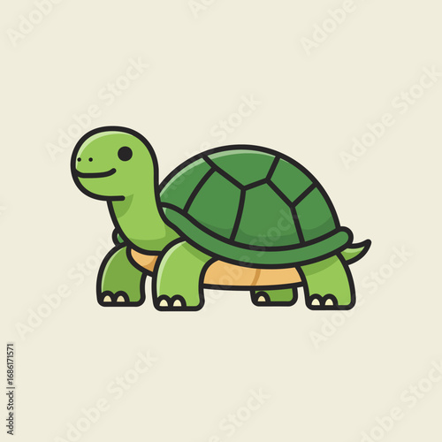A cute cartoon turtle with a green shell and a friendly expression.