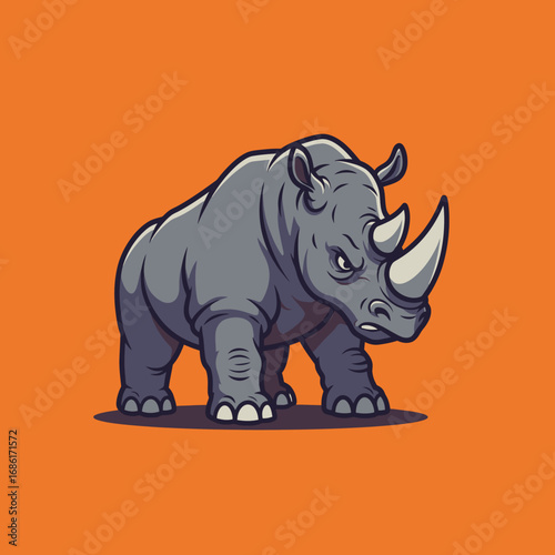 A stylized illustration of a rhinoceros on an orange background.