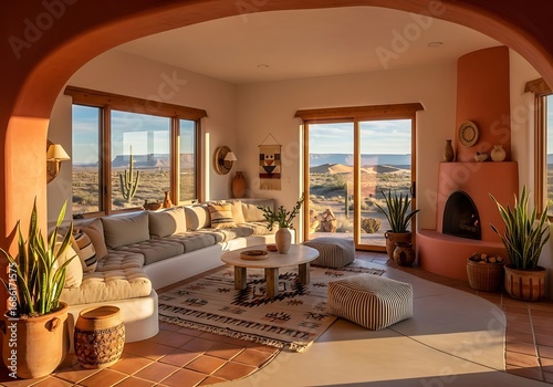 Desert Oasis Retreat: Southwestern Living Room with Panoramic Vista and Earth-Toned Elements Creating an Inviting and
