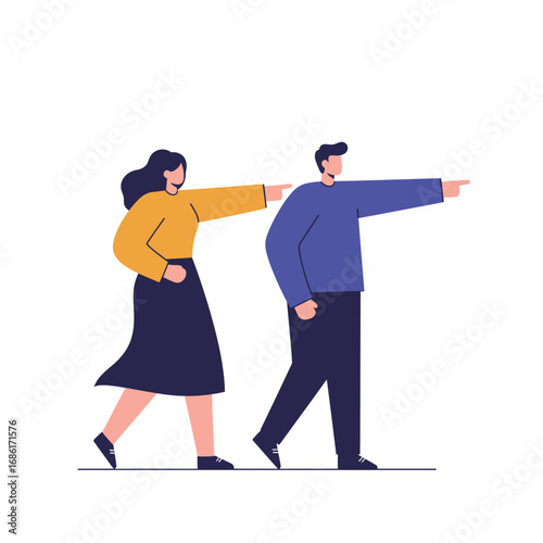 Two stylized figures walking and pointing in the same direction, suggesting collaboration or direction.