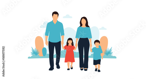 A happy family of four walking together outdoors enjoying a beautiful sunny day