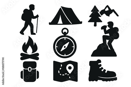 Outdoor exploration solid icon set. Hiking and camping silhouette symbols. Adventure, trekking, and nature travel vector glyphs. Mountain, forest, and tourist equipment pictograms.