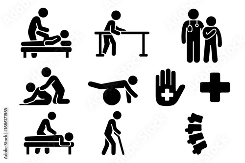 Physical therapy silhouette icons set. Physiotherapy and rehabilitation vector symbols. Medical exercise, recovery, injury treatment, and healthcare pictogram collection.