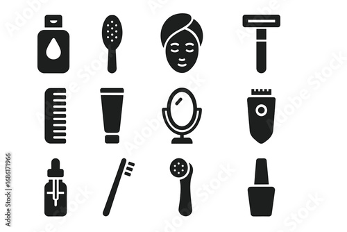 Personal care solid icons set. Beauty, grooming, and hygiene essentials. Vector silhouette glyph collection including razor, comb, toothbrush, serum, nail polish, cosmetic items.