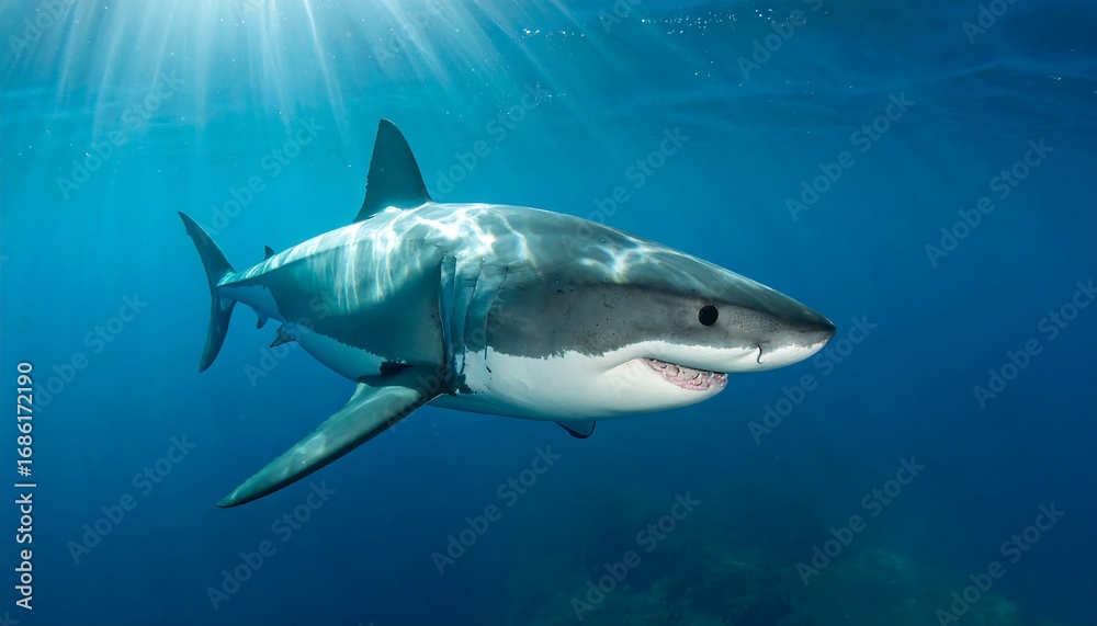 Naklejka premium Great white shark swimming in blue ocean depths