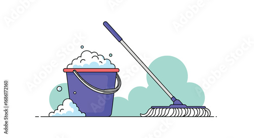 Illustration of a mop and bucket filled with suds and foam representing house cleaning and domestic chores