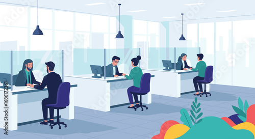Modern office environment with business professionals working at desks behind protective barriers
