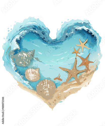 Heart shaped ocean wave with seashells and starfish on sandy beach isolated on transparent background