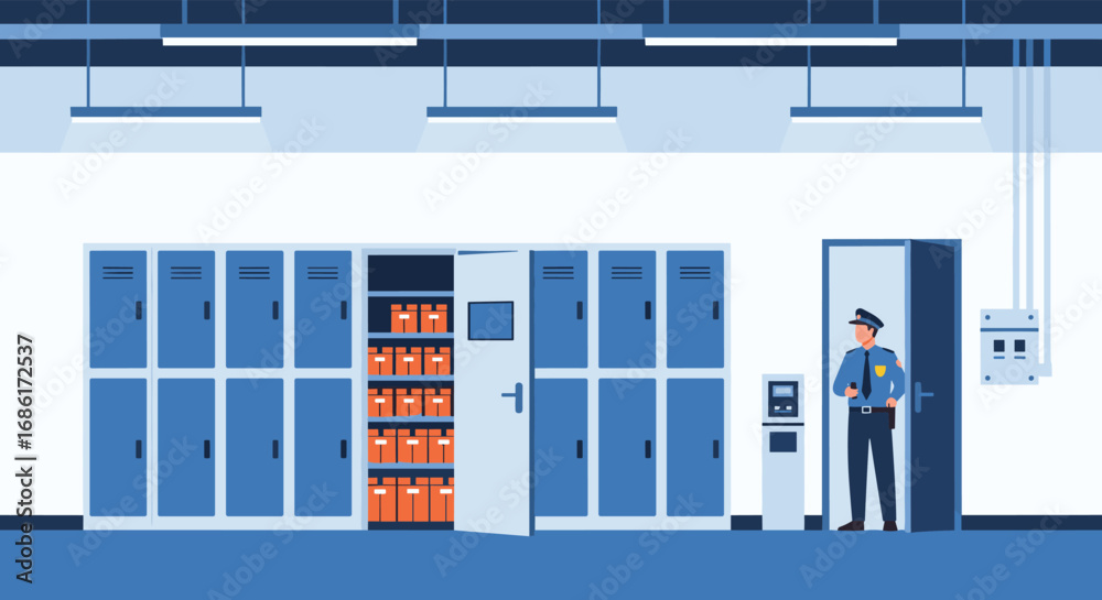 Obraz premium Secure storage facility with officer monitoring digital access control systems and rows of lockers containing packages