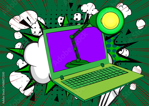 Cartoon Laptop, comic book Notebook with Office lamp. Retro vector comics pop art design.