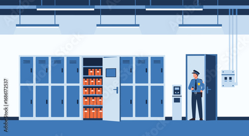 Secure storage facility with officer monitoring digital access control systems and rows of lockers containing packages