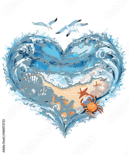 Heart shaped ocean wave with beach sand starfish crab and seagulls flying above isolated on transparent background