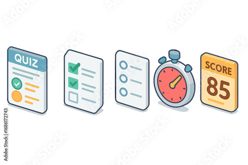Isometric quiz icon set for interactive tests and exams. Vector cartoon illustration of multiple choice questions, checkbox, timer, and score for online education and surveys.