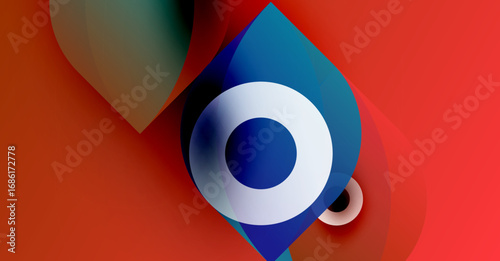 Abstract design features overlapping colorful shapes. Central focus is circular element with blue, white hues. Vivid reds dominate background.