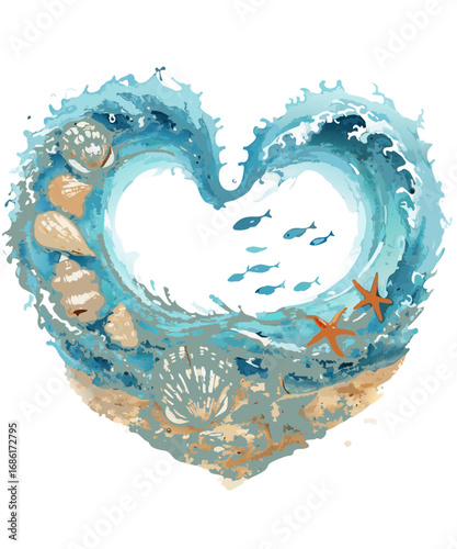Heart shaped ocean wave with seashells fish and starfish isolated on transparent background