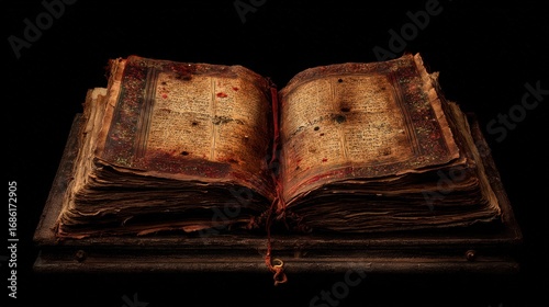 Antique open ancient manuscript with worn pages and faded text revealing historical writings and old parchment in dim light