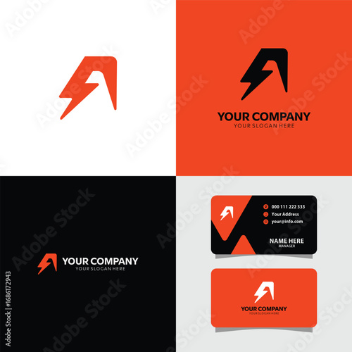 Dynamic letter A logo design with lightning bolt for energy company branding and business card template