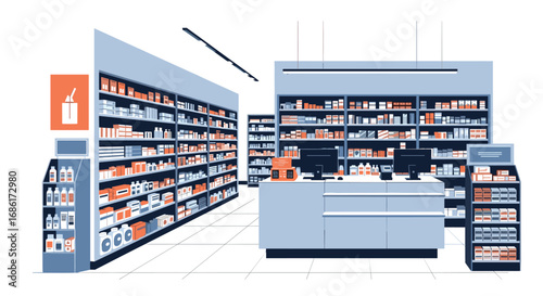 Modern pharmacy interior design with well stocked shelves and checkout counter detailed illustration
