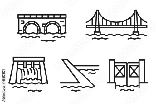 Water management and river engineering outline icons. Vector icon set of stone bridge, suspension bridge, dam, weir, levee, canal lock, and sluice gate infrastructure symbols.