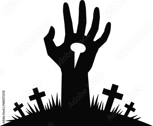 Black hand emerging from graveyard crosses grass
