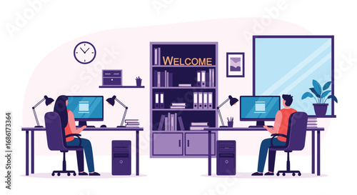 Modern office interior design with employees working collaboratively at desks and a bookshelf displaying a welcome sign
