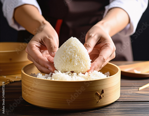 making rice ball, Japanese onigiri, hands shaping rice, traditional food preparation, home cooking, comfort food, cultural cuisine