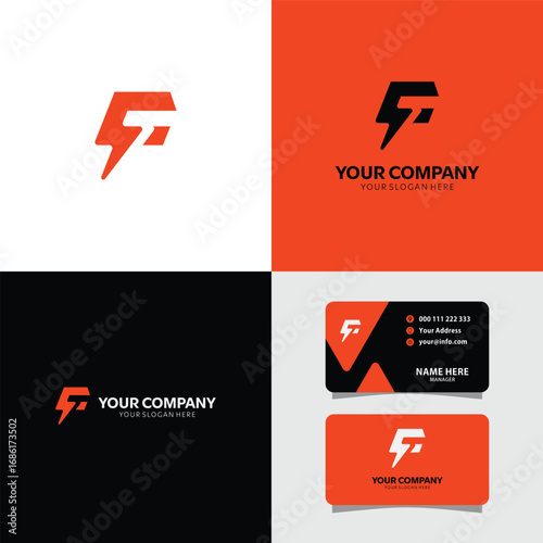 Modern bold letter F logo design with energy bolt and business card mockups for creative branding projects