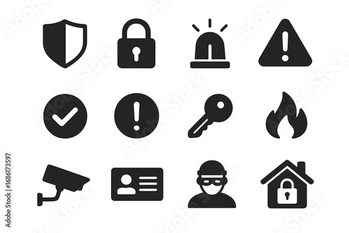 Security and safety solid glyph icon set. Protection and warning symbols collection. Vector pictograms of shield, lock, alarm, cctv, fire, thief for web and ui design.