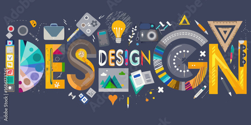 Creative design concept with colorful letters and graphic design elements