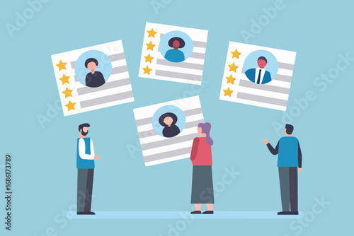 Team reviewing candidate profiles and resumes with star ratings for hiring decisions