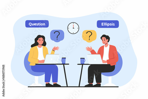 Two people discussing a question and ellipsis with laptops and question marks above their heads
