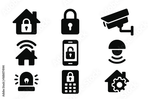 Smart home security icon set. Vector glyph symbols for home automation, safety and protection. Contains icons like cctv camera, alarm, motion sensor, keypad and mobile app.