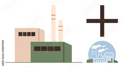 Factory buildings with tall chimneys emitting smoke, energy plant inside blue circle, and bold plus sign. Ideal for energy generation, industry, environment, production, infrastructure