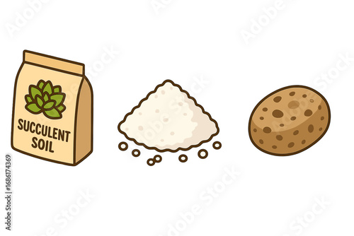 Soil and substrate isometric icon set. Vector illustration of succulent soil bag, perlite, and pumice stone. Gardening supplies, potting mix components for houseplants.