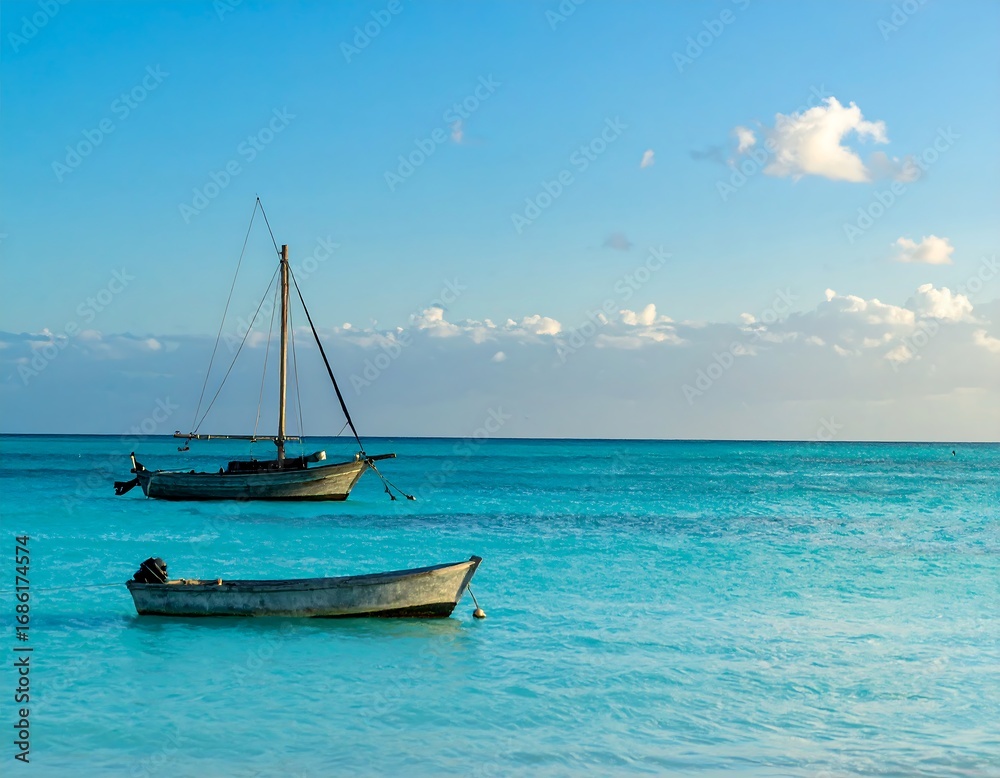 Obraz premium Two small boats on a tranquil turquoise ocean at dawn