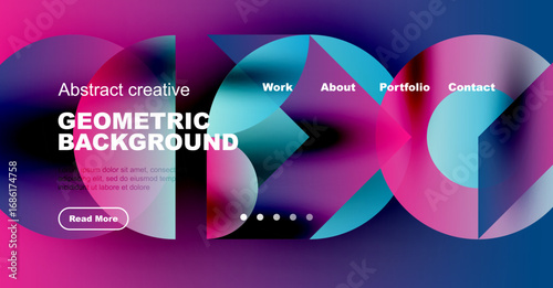 Vibrant geometric background design. Modern website header with text, navigation, plus read more button. Purple, blue hues dominate.