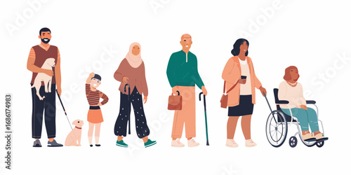 Diverse group of people of different ages genders and abilities standing together including a child a woman in hijab and a person in a wheelchair