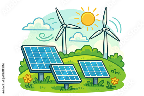 Solar panels and wind turbines on a green hill. Renewable energy concept. Eco-friendly power generation from sun and wind. Sustainable technology vector cartoon illustration.