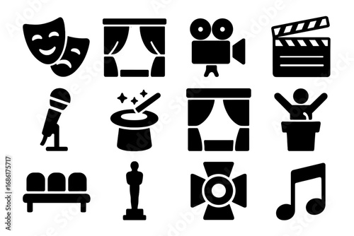 Theater and performance glyph icons set. Entertainment symbols collection. Drama masks, stage, cinema camera, clapperboard, microphone, magic hat, award, spotlight vector.