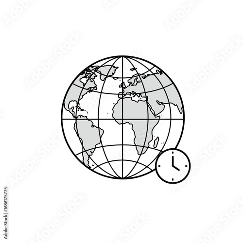 Simple globe and clock illustration in line art
