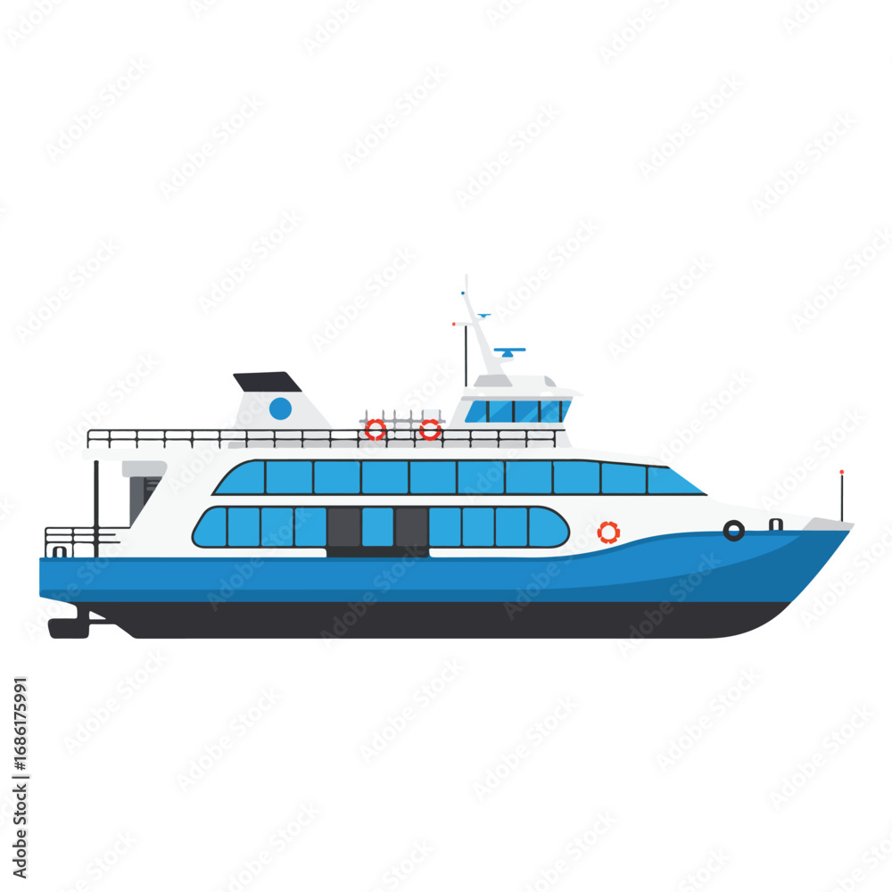 Fototapeta premium A blue and white ferryboat on a white background It has windows life rings and a radar